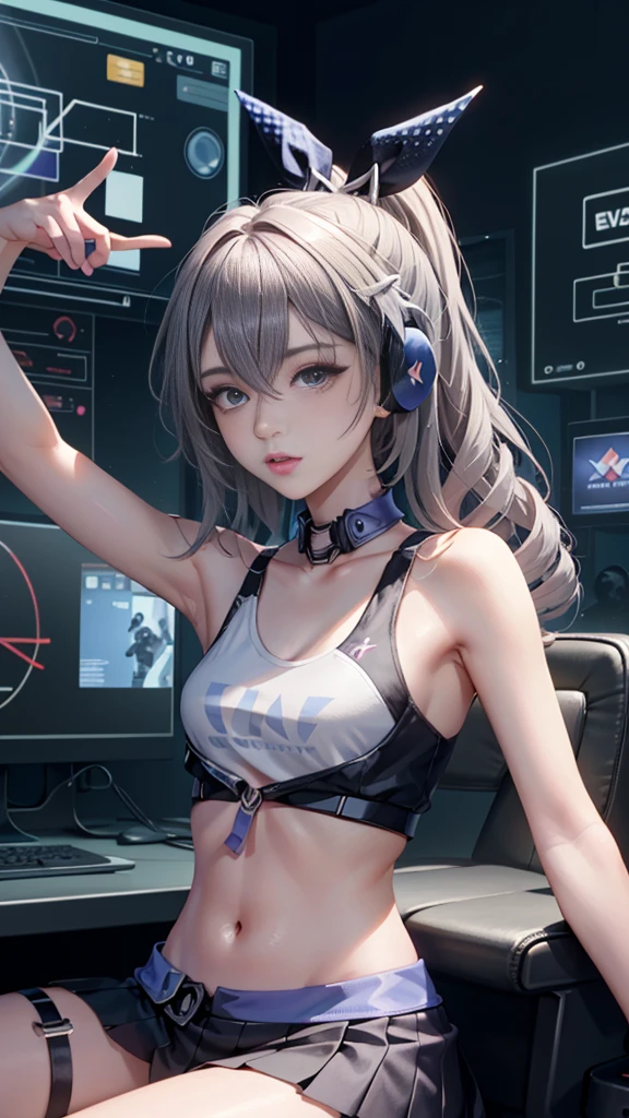 Silver Wolf, Masterpiece, Best quality, Ultra detailed, Extremely detailed 16k CG wallpaper, Beautiful face, (Silver Wolf in Esports Room), (Perfect Beautiful Curved Figure), Seated, Rainbow Color Jewel Eyes, Wearing Resin Hologram Sports Bra, Crop Top Drape, Mini pleated skirt, Bell collar, logo, impotence, Contour light, Concert, neon lights sign, Audio, Bell collar, Esports Headset, Computer, Esports Room, armpits, Play games, White interior through red skin, holographic projections, Flat sphere, Graffiti logo, highly detailed tattoo_,