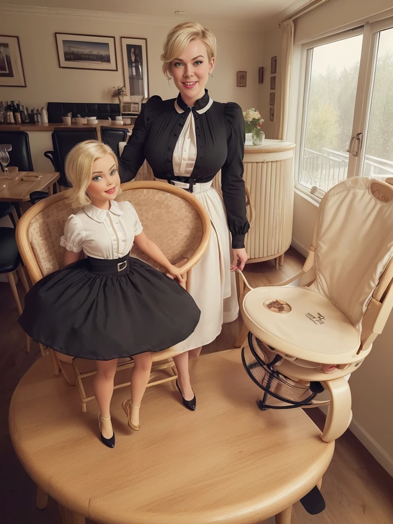 (doll-sized:1.5) amazing stunningly beautiful (50 year old hannah waddingham:1.5) (sitting in giant high chair:1.5), (high table:1.4), (busy restaurant:1.4), oversized plate of food, inside, 8k UHD, legs dangling, (fantastic long legs:1.4), grinning, (dressed in black 1950s housewife dress:1.4), (short BLONDE hair:1.5), (athletic build:1.4) , 