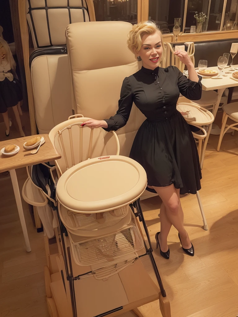 (doll-sized:1.5) amazing stunningly beautiful (50 year old hannah waddingham:1.5) (sitting in giant high chair:1.5), (high table:1.4), (busy restaurant:1.4), oversized plate of food, inside, 8k UHD, legs dangling, (fantastic long legs:1.4), grinning, (dressed in black 1950s housewife dress:1.4), (short BLONDE hair:1.5), (athletic build:1.4) ,