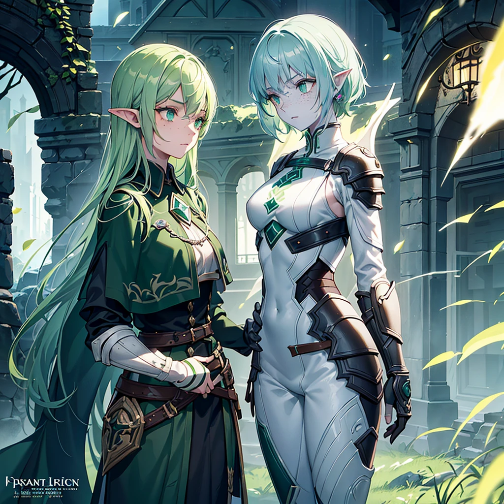 a beautiful young dark elf girl with ashen skin, light green hair and dark green eyes, freckles on her face, stature, holding a small shield in her right hand, excellent medic skilled in poisons and medicines, fantasy, digital art, highly detailed, intricate, cinematic lighting, vibrant colors, 8k, photorealistic, concept art, character design