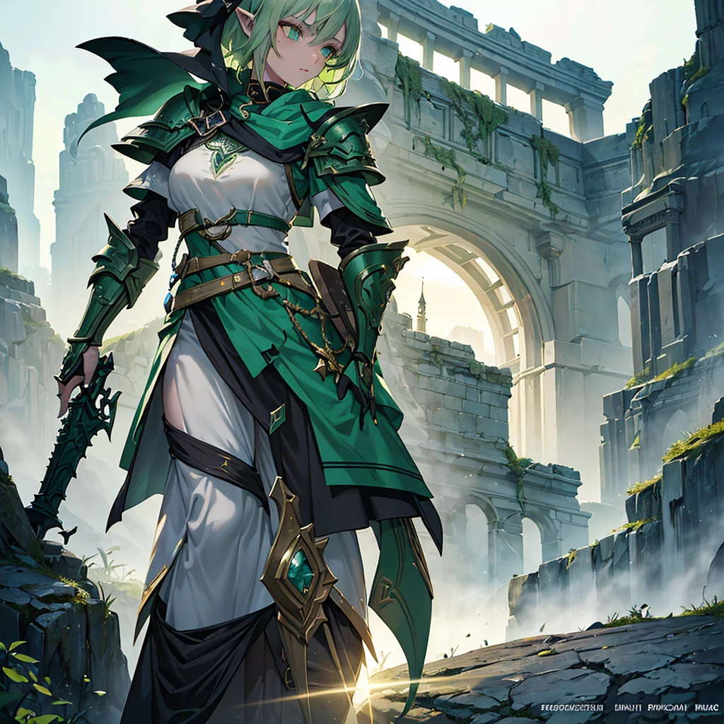 a beautiful young dark elf girl with ashen skin, light green hair and dark green eyes, freckles on her face, stature, holding a small shield in her right hand, excellent medic skilled in poisons and medicines, fantasy, digital art, highly detailed, intricate, cinematic lighting, vibrant colors, 8k, photorealistic, concept art, character design