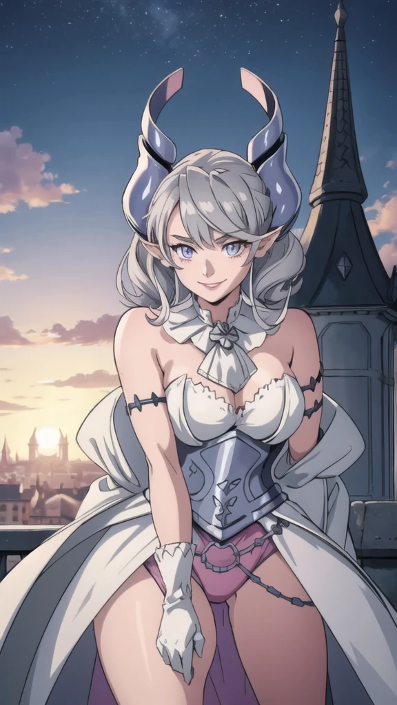 Beautiful arts wallpaper Sunset Outside castle top  High level image quality　best image quality　8K　 adult woman   silver castle outside  more colors   whole body view　portrait　    　horn    ears  　short hair（（shortcut）（gray hair）（perm）（fluffy））　eye color is blue ,  , 　attractive evil face , smile   ,  heroic stance   ,  labrynth ,  barearm  ,gloves   , wearing pink   , standing , 