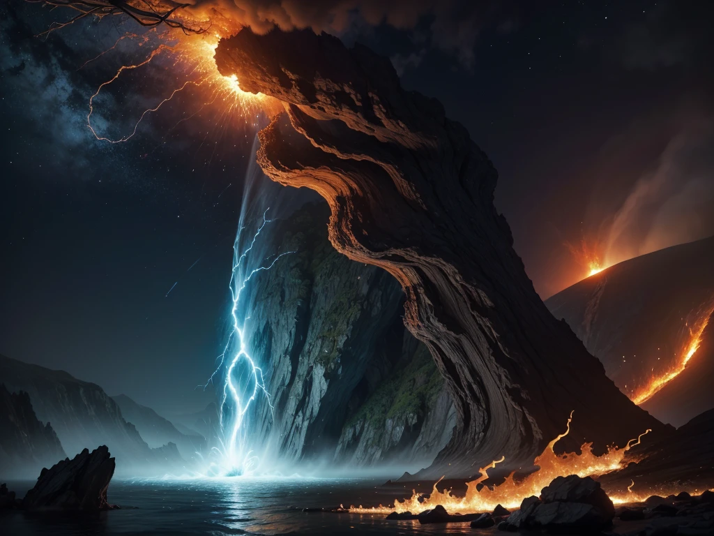 image of a mystical world where the elements of fire, water, earth, and air come to life with dynamic scenes where elemental magic is at play, capturing the raw power and beauty of these natural forces. Show the earth cracking open, with fiery lava emerging in the center of a lake. Additionally, include a wind tornado descending from the sky, creating a dramatic connection between air and water. The landscape should be rich in magical details, with each element showcasing its strength and splendor. The image should convey the harmony and conflict between these elemental forces, creating an epic and awe-inspiring atmosphere."