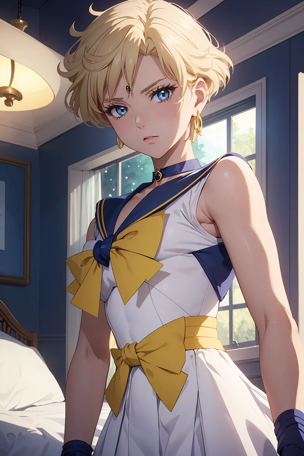 NSFW (Highest quality:1.1), (masterpiece:1.4), (Absurd:1.0), Cool look, close, 1 , {Sailor Uranus}　Sailor Warrior Uniform, Sailor collar, Chest Bow, Yellow ribbon, Pleading Skirt, White elbow gloves　Aqua Eye, Blonde Hair　Erect nipples {{{{{topless}}}}}++ Bedroom　Mood lighting (blush:1.2)