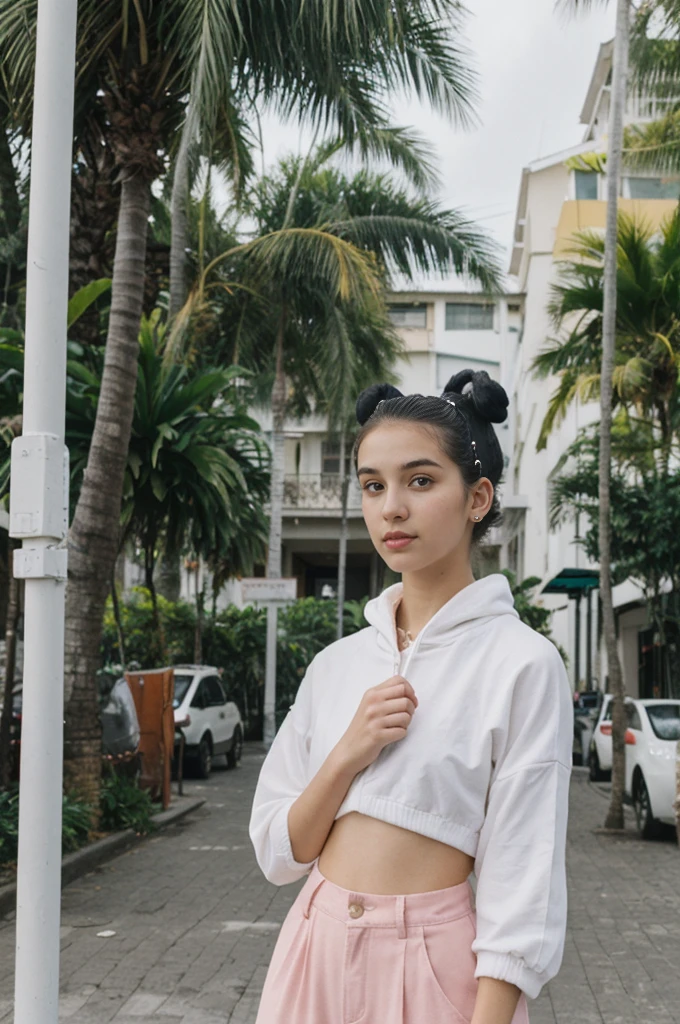 her name is Annie, high quality, 1girl, ((20-year-old fit Caucasian woman)), ((20 years old)), ((fit)), ((Space Buns)), pose: standing, wearing pastel colored unique g gen Z modern wear, BACKGROUND: From the colorful neighborhoods of Rio de Janeiro, with its iconic beaches, lush rainforests, and vibrant Carnival celebrations