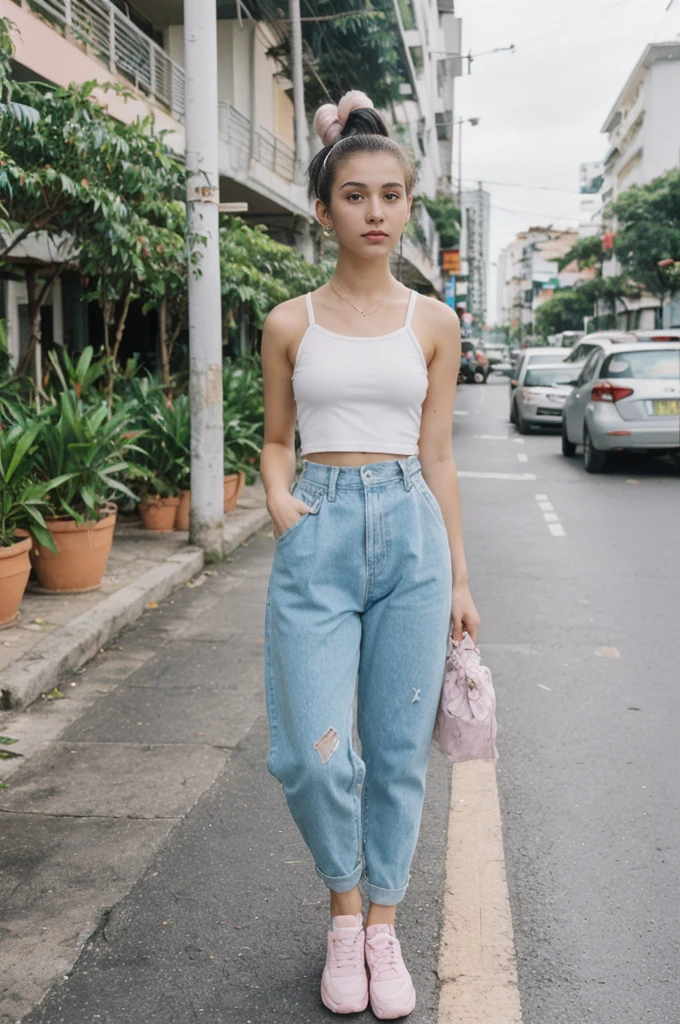 her name is Annie, high quality, 1girl, ((20-year-old fit Caucasian woman)), ((20 years old)), ((fit)), ((Space Buns)), pose: standing, wearing pastel colored unique g gen Z modern wear, BACKGROUND: From the colorful neighborhoods of Rio de Janeiro, with its iconic beaches, lush rainforests, and vibrant Carnival celebrations