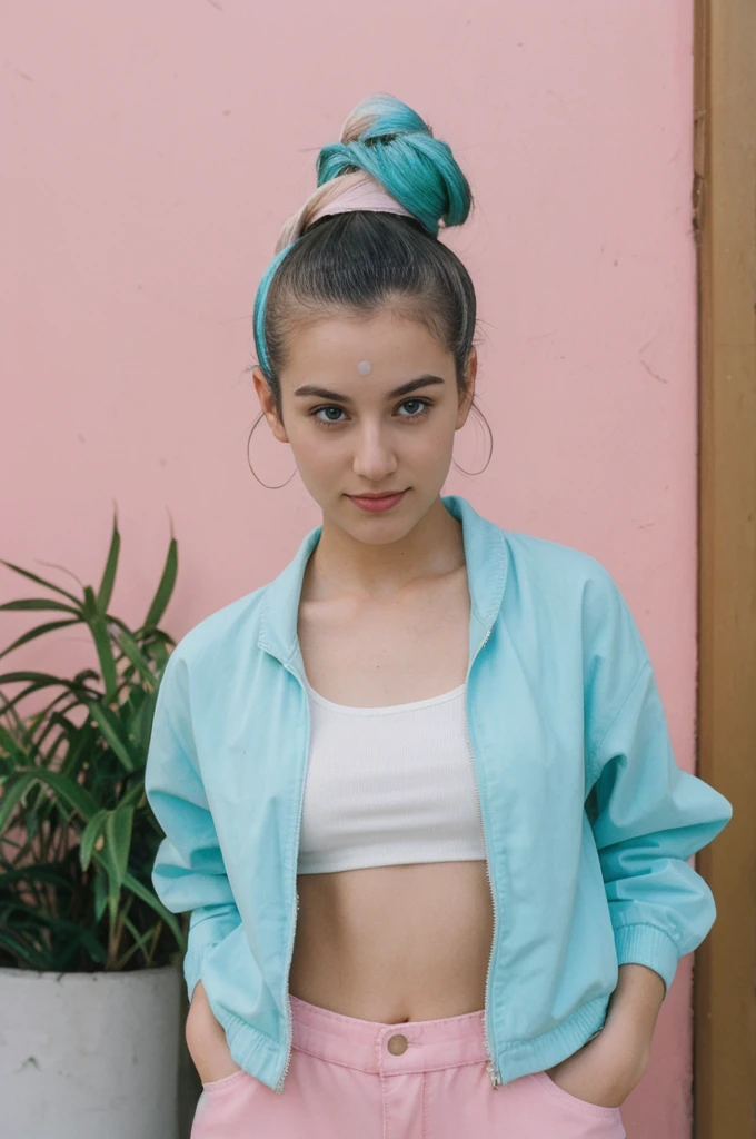 her name is Annie, high quality, 1girl, ((20-year-old fit Caucasian woman)), ((20 years old)), ((fit)), ((Space Buns)), pose: standing, wearing pastel colored unique g gen Z modern wear, BACKGROUND: From the colorful neighborhoods of Rio de Janeiro, with its iconic beaches, lush rainforests, and vibrant Carnival celebrations