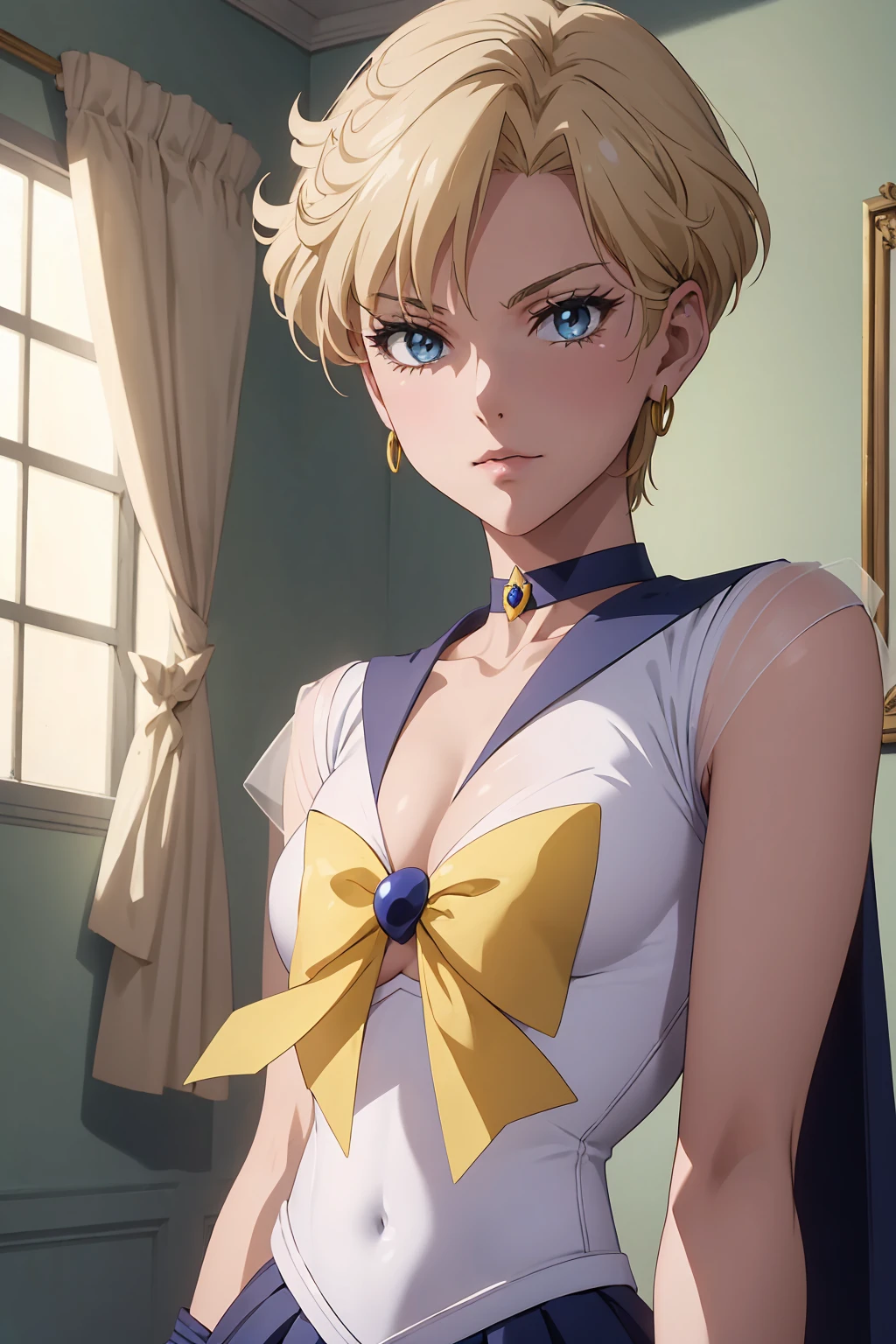 NSFW (Highest quality:1.1), (masterpiece:1.4), (Absurd:1.0), Cool look, close, 1 , {Sailor Uranus} Sailor Warrior Uniform, Sailor collar, Chest Bow, Yellow ribbon, Pleading Skirt, White elbow gloves Aqua Eye, Blonde Hair Erect nipples {{{{{topless}}}}}++ Bedroom Mood lighting (blush:1.2)