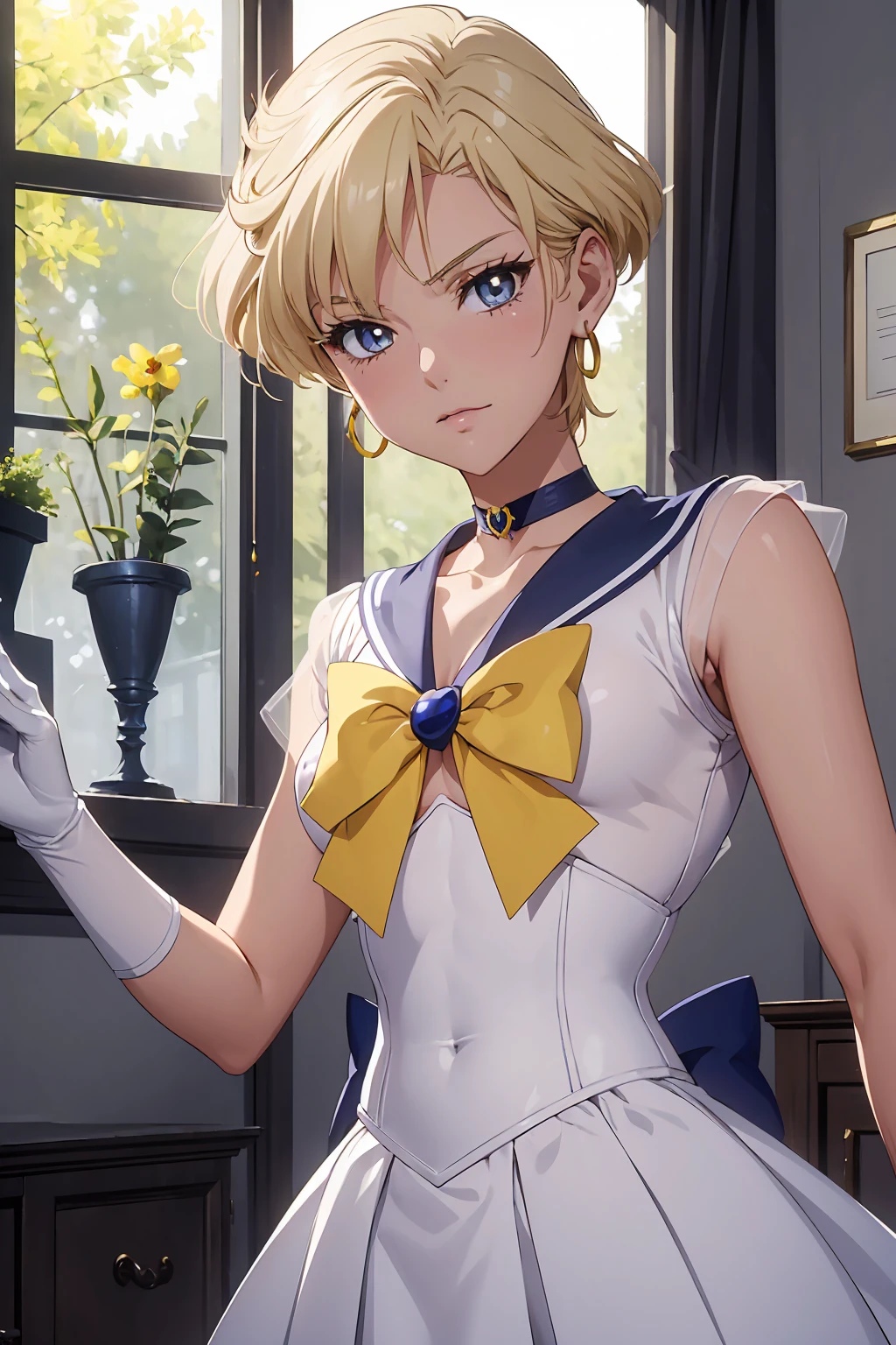 NSFW (Highest quality:1.1), (masterpiece:1.4), (Absurd:1.0), Cool look, close, 1 , {Sailor Uranus} Sailor Warrior Uniform, Sailor collar, Chest Bow, Yellow ribbon, Pleading Skirt, White elbow gloves Aqua Eye, Blonde Hair Erect nipples {{{{{topless}}}}}++ Bedroom Mood lighting (blush:1.2)