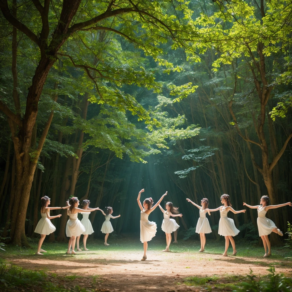A magical forest setting where cute, beautiful women dance freely. A mysterious and expressive scene.
