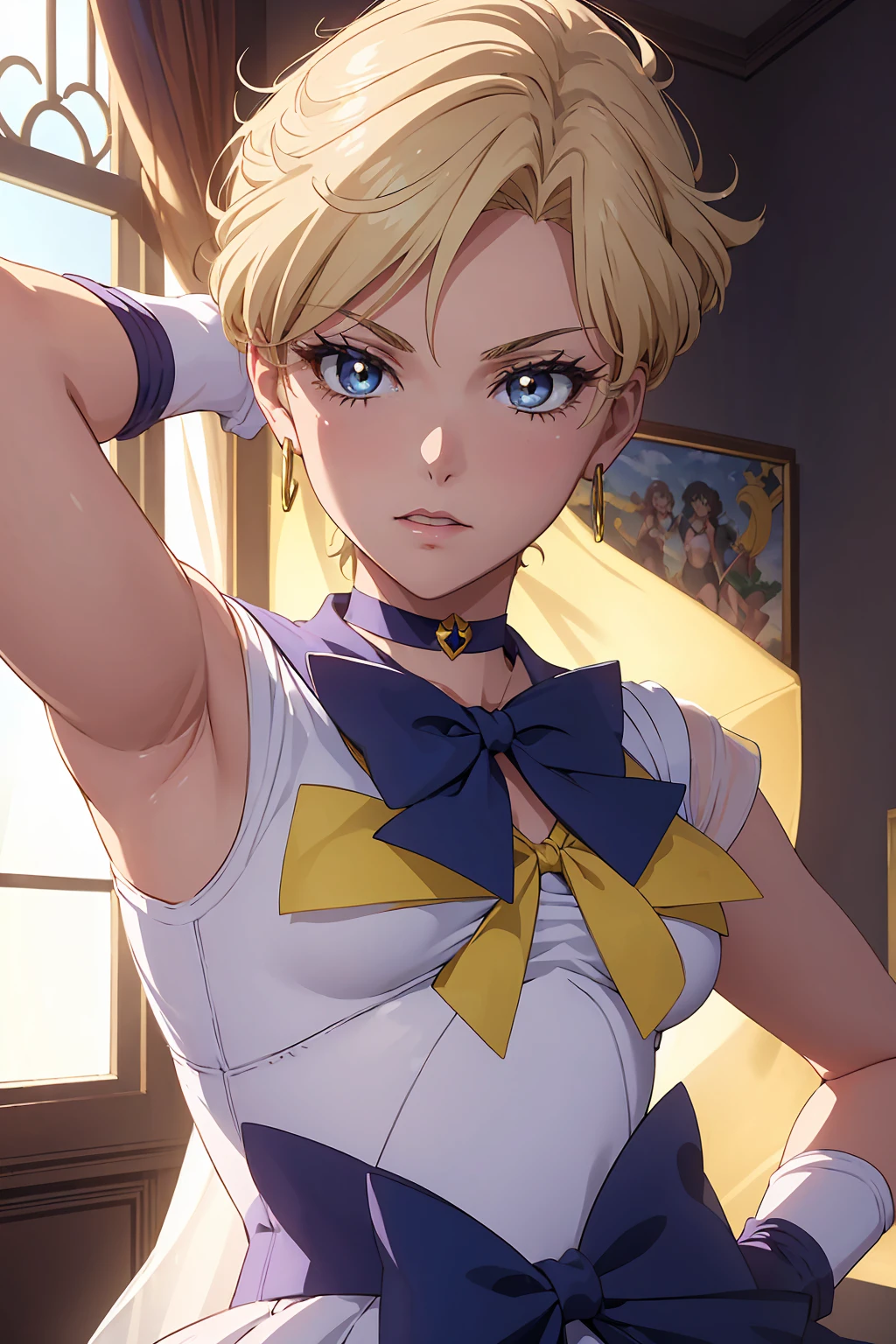NSFW (Highest quality:1.1), (masterpiece:1.4), (Absurd:1.0), Cool look, close, 1 , {Sailor Uranus} Sailor Warrior Uniform, Sailor collar, Chest Bow, Yellow ribbon, Pleading Skirt, White elbow gloves Aqua Eye, Blonde Hair Erect nipples {{{{{topless}}}}}++ Bedroom Mood lighting (blush:1.2)