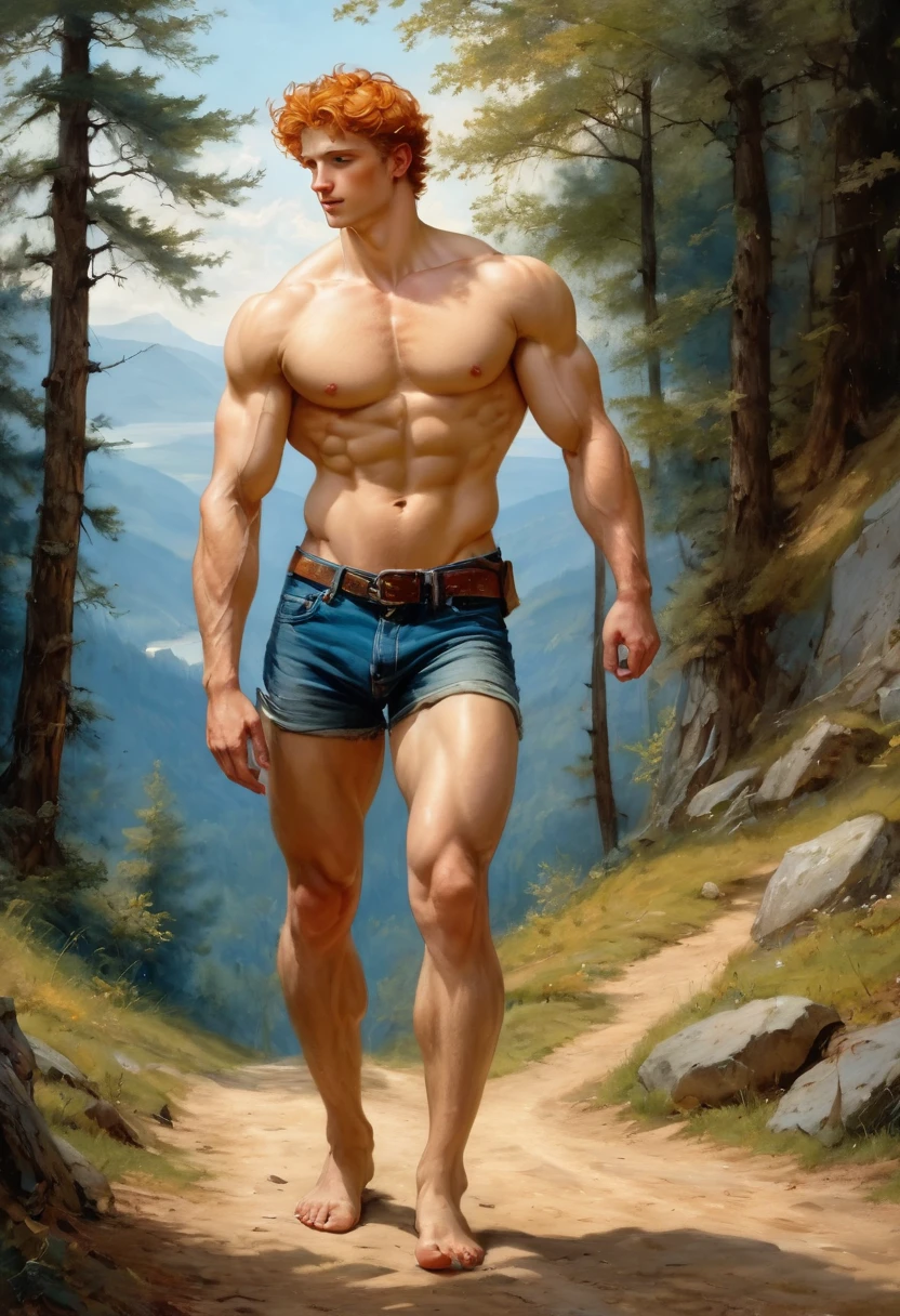 1 walking on a mountain rural pathway wearing lumberjack shirt, blue jeans, brown bots, blue indigo back bag, blue cap, smiling , , by Aaron Horkey and Jeremy Mann, masterpiece, best quality, Photorealistic, ultra-high resolution, photographic light, illustration by MSchiffer, fairytale, Hyper detailed A mixture of photography and painting, Composition of Perfect Divine Proportione, 8k resolution fullbody image,(( view from behind)) full body, oil painting A young man, white skin, ginger, barbed, hairy body, thin face, straight nose, thin lips, square chin, large light blue eyes, short red wavy hair, in roberto ferri style, aesthetic slim athletic body, ginger realistic skin, gorgeous, detailed tonned muscles, barefoot, perfect anatomy, muscled fitness body, in caravagio+rubens+rembrant art style. Young man, perfect anatomy, , energetic splendid, Barefoot, , small flacid penism and detailed muscles, shirtless, pantless, fullbody, wearing sandals, the composition of shadows and lights give an atmosphere of spaciousness, he is a sitting by the entrance of a beautifull country house in the forest , barefoot, perfect detailed feet, relaxed body lenguaje, relaxed face expresion. in the backgroound, country house, forest, natural lighting,