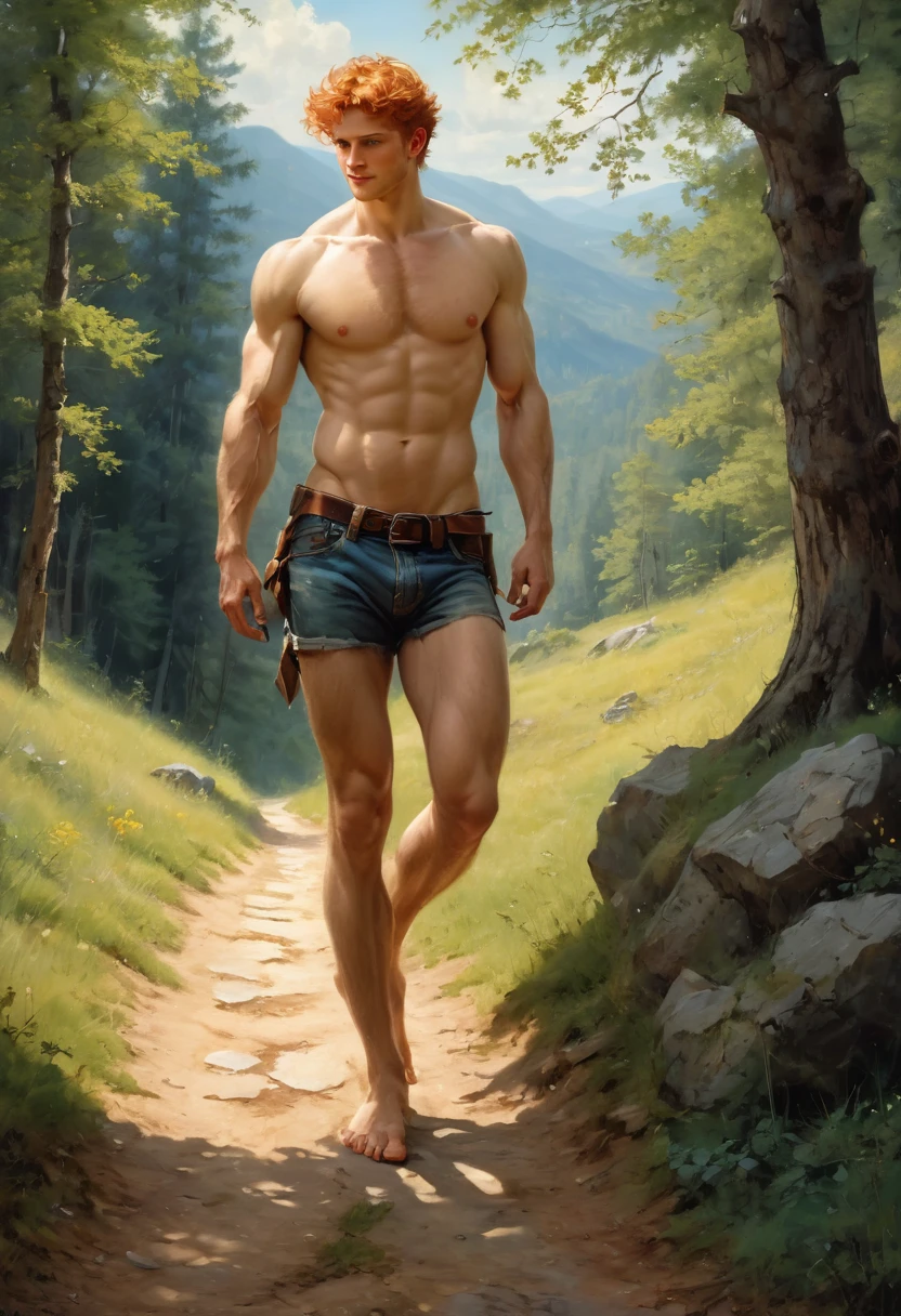 1 walking on a mountain rural pathway wearing lumberjack shirt, blue jeans, brown bots, blue indigo back bag, blue cap, smiling , , by Aaron Horkey and Jeremy Mann, masterpiece, best quality, Photorealistic, ultra-high resolution, photographic light, illustration by MSchiffer, fairytale, Hyper detailed A mixture of photography and painting, Composition of Perfect Divine Proportione, 8k resolution fullbody image,(( view from behind)) full body, oil painting A young man, white skin, ginger, barbed, hairy body, thin face, straight nose, thin lips, square chin, large light blue eyes, short red wavy hair, in roberto ferri style, aesthetic slim athletic body, ginger realistic skin, gorgeous, detailed tonned muscles, barefoot, perfect anatomy, muscled fitness body, in caravagio+rubens+rembrant art style. Young man, perfect anatomy, , energetic splendid, Barefoot, naked, small flacid penis, slim and detailed muscles, shirtless, pantless, fullbody, wearing sandals, the composition of shadows and lights give an atmosphere of spaciousness, he is a sitting by the entrance of a beautifull country house in the forest , barefoot, perfect detailed feet, relaxed body lenguaje, relaxed face expresion. in the backgroound, country house, forest, natural lighting, 
