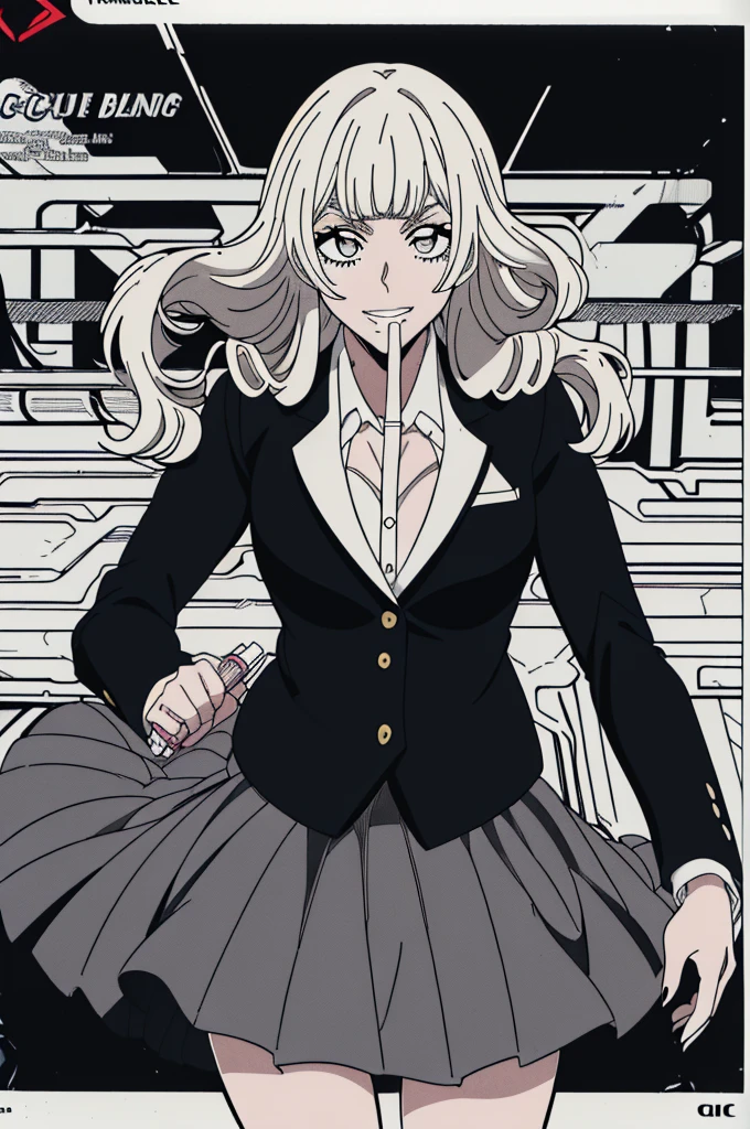 expensiveest quality、masterpiece、((彼女はBlack catと一緒です:1.3))、((1 Girl:1.3))、((Her eyes are single、Her eyes are fished out:1.5))、((Her mouth is big、White teeth stand out:1.5))、((Smiling is awkward))、(((She has her bangs down:1.8)))、(((Her bangs are straight:1.8)))、((Natural Curl:1.3))、((Curly Hair))、((Twin tails:1.2))、((Gray Hair))、Detailed face、 (Comic style illustration:1.5), (Line art_anime),(Black and White:1.3),(Monotony_expensive Contrast:1.5),((high school girl)、((expensive 、blazer、shirt、skirt:1.5))、Inside the school_Complex background,(Black cat:1.2).(G-Pen)