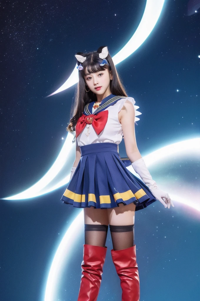 masterpiece, Highest quality, (1 Girl), Super Sailor Moon, Cowboy Lens, night sky, moonlight, night, White gloves, blue eyes, Galaxy Background, Colorful clothes, , Blue Skirt, hair ornaments, Red Bow, brooch, heart brooch, Earrings, Crescent Moon, heart necklace, heart, Very long hair, Crescent Moon moon Earrings, tiara, Yellow Necklace, boots, knee boots, Red Shoes, Long legs