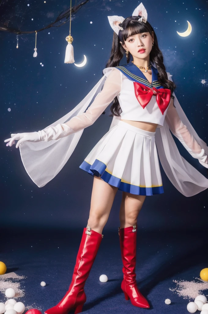 masterpiece, Highest quality, (1 Girl), Super Sailor Moon, Cowboy Lens, night sky, moonlight, night, White gloves, blue eyes, Galaxy Background, Colorful clothes, , Blue Skirt, hair ornaments, Red Bow, brooch, heart brooch, Earrings, Crescent Moon, heart necklace, heart, Very long hair, Crescent Moon moon Earrings, tiara, Yellow Necklace, boots, knee boots, Red Shoes, Long legs
