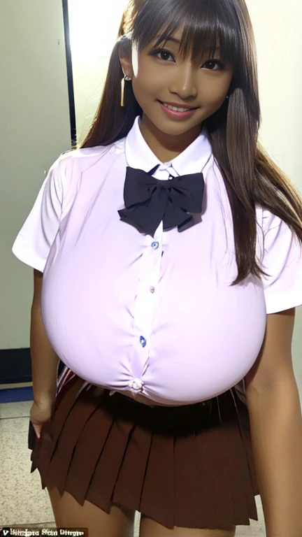 Super huge breasts, ditail lips, pink lips, long hair, cleavage of breasts, beautiful asian girl, gal, shining skin, brown hair, dark skin, tanned skin, brown skin, gigantic breasts, JK , hi-school girl, school student uniform, Chest bulge, 1 girl, heavy makeup, glowy skin, smile, (big breasts:1.5), lipstick, thick lips, white shirt, large earrings, Leaning forward, All upper body