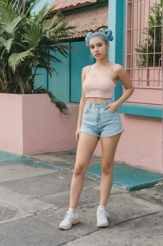 her name is Annie, high quality, 1girl, ((20-year-old fit Caucasian woman)), ((20 years old)), ((fit)), ((Space Buns hair)), pose: standing, wearing pastel colored unique g gen Z modern wear, BACKGROUND: From the colorful neighborhoods of Rio de Janeiro, with its iconic beaches, lush rainforests, and vibrant Carnival celebrations