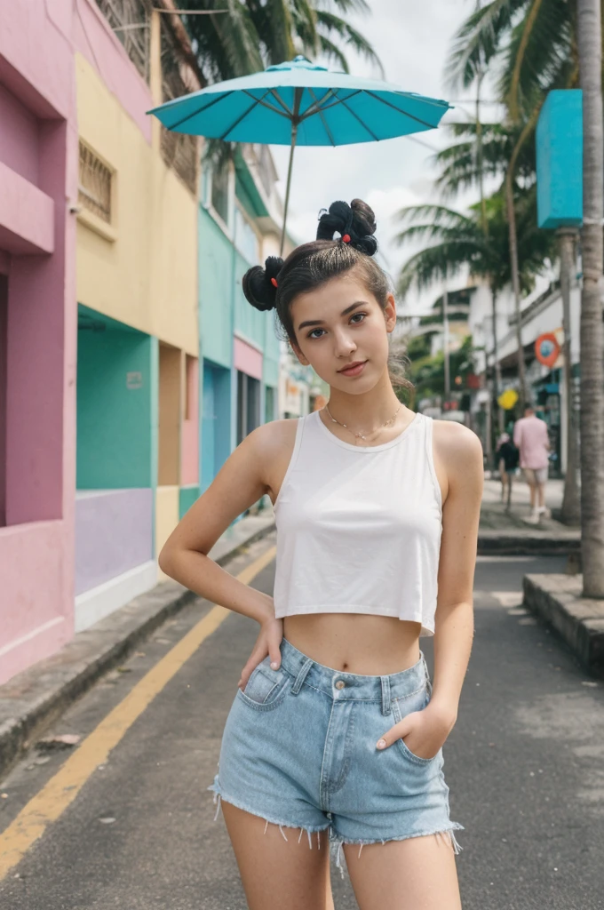 her name is Annie, high quality, 1girl, ((20-year-old fit Caucasian woman)), ((20 years old)), ((fit)), ((Space Buns hair)), pose: standing, wearing pastel colored unique g gen Z modern wear, BACKGROUND: From the colorful neighborhoods of Rio de Janeiro, with its iconic beaches, lush rainforests, and vibrant Carnival celebrations