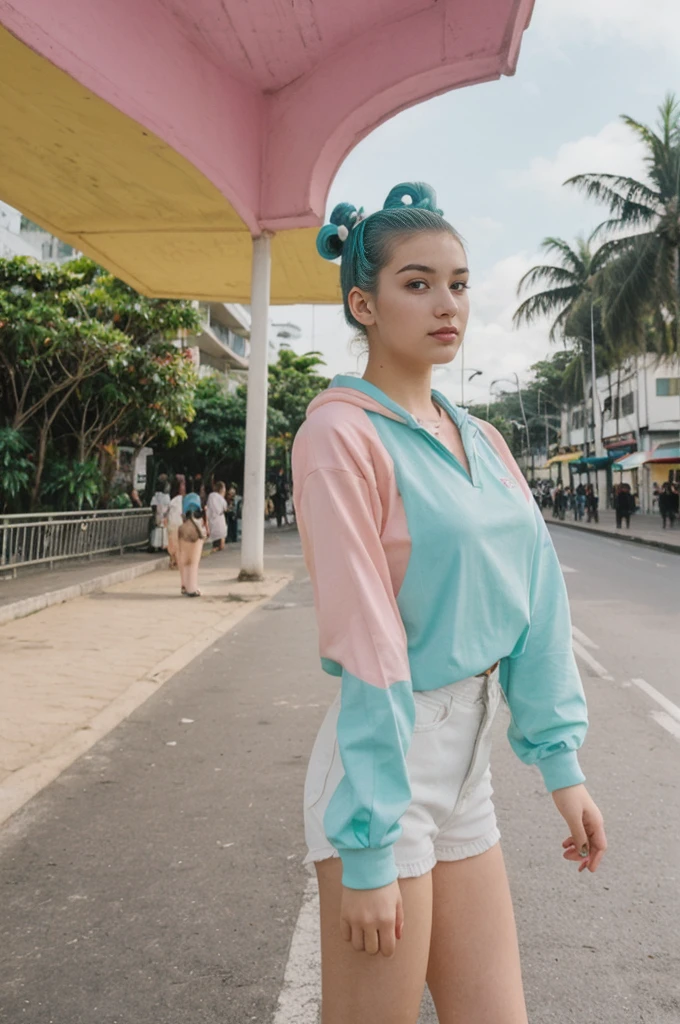 her name is Annie, high quality, 1girl, ((20-year-old fit Caucasian woman)), ((20 years old)), ((fit)), ((Space Buns hair)), pose: standing, wearing pastel colored unique g gen Z modern wear, BACKGROUND: From the colorful neighborhoods of Rio de Janeiro, with its iconic beaches, lush rainforests, and vibrant Carnival celebrations
