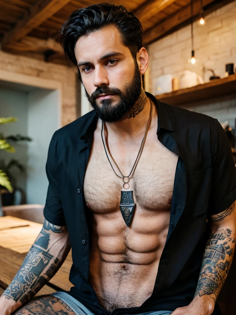 The image shows a man with a beard and dark hair, who wears an open shirt, revealing a tattoo on his chest and a large pendant on his neck. The background appears to be an indoor environment with warm lighting.