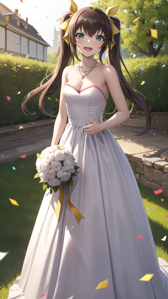 masterpiece, best quality, highres, aahuang, long hair, twintails, hair ribbon, small breasts, wedding dress, cleavage, necklace, white dress, garden, standing, holding bouquet, open mouth, smile, confetti,