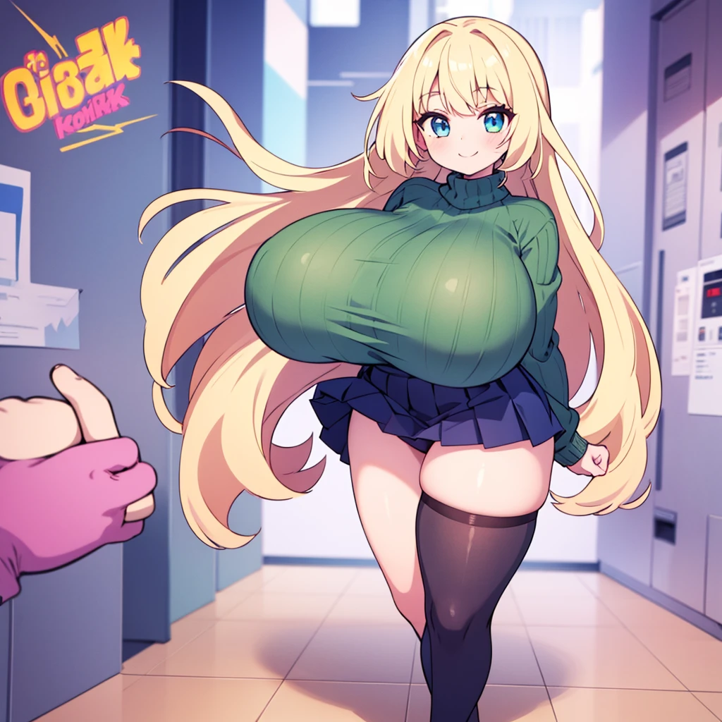 Highest quality, 1girl, solo, blonde hair, long hair, blue eyes, gigantic breasts, thick thighs, green sweater, standing, box pleated skirt, thigh highs, smile, wide hips