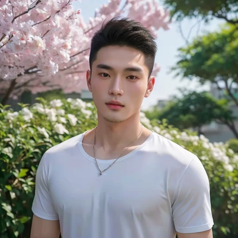 Aaraf wearing a white shirt and necklace stood in front of a bush., Haraf man looking at camera, perfect has a round face, A well-maintained model., Southeast Asian man with a round face, 3-D profile picture, 8K, 45,000,000 pixcls, realistic light colors, beautiful young asian man, charming anime,  Comfortable pose, Anime Asian man in real life, attractive handsome man, young Asian man, Russian mixed with Japanese, perfect body, Freestyle photo of a handsome young man, ผู้Asian manที่สวยงาม, The character is in her natural pose.,  Yanjun Chengt, Handsome Chad Chin, South Korean man, Ryan Jia, Inspiration from Yan Juncheng, Xindong Chen, Hess Jinyao, Asian man, Chai Sukun, 2 8 years, 2 7 years, Long Que Chen, Yi Hao Ren