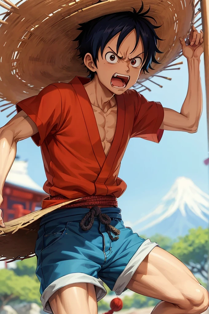 Illustration of 1boy, Japanese style, Monkey D. Luffy, angry look, ((Japanese cartoons)), straw hat, ((rich and colorful)), 8K, ((masterpiece)), high dynamic range, Very detailed, professional 