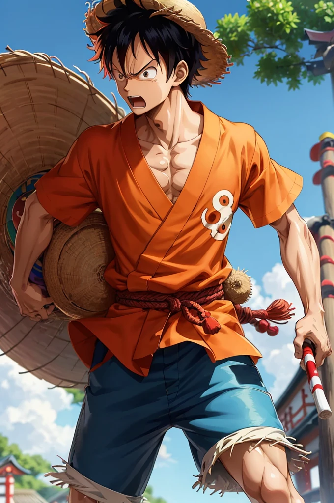 Illustration of 1boy, Japanese style, Monkey D. Luffy, angry look, ((Japanese cartoons)), straw hat, ((rich and colorful)), 8K, ((masterpiece)), high dynamic range, Very detailed, professional