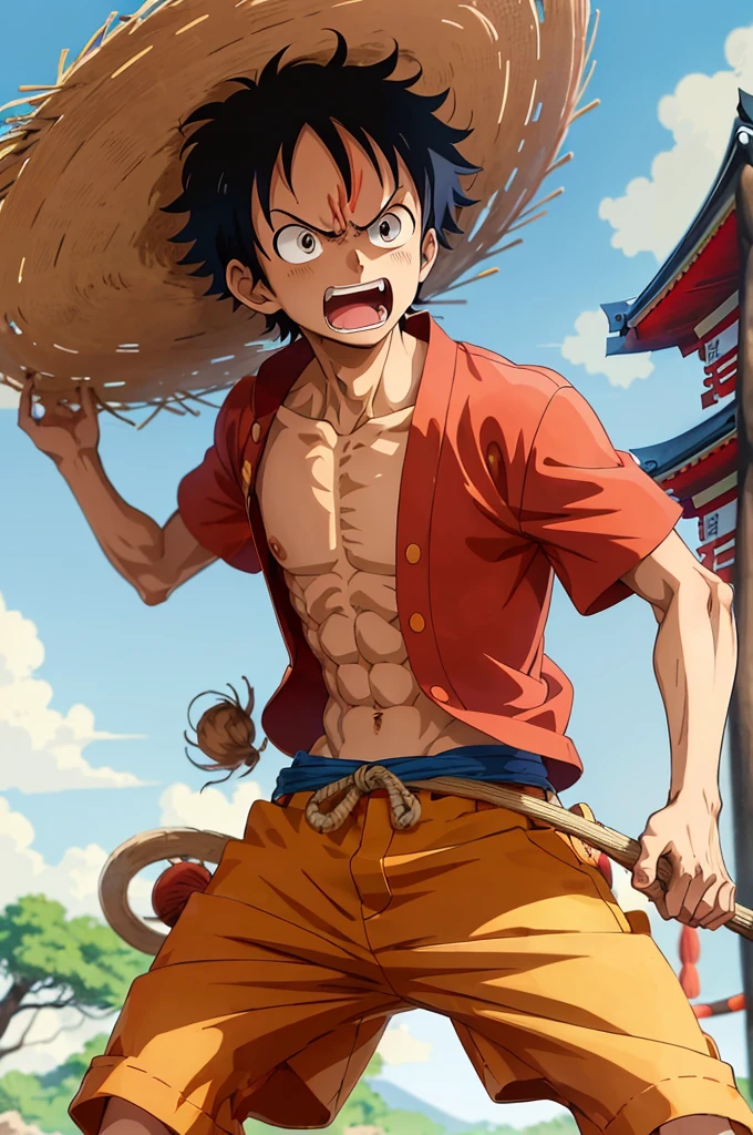 Illustration of 1boy, Japanese style, Monkey D. Luffy, angry look, ((Japanese cartoons)), straw hat, ((rich and colorful)), 8K, ((masterpiece)), high dynamic range, Very detailed, professional 