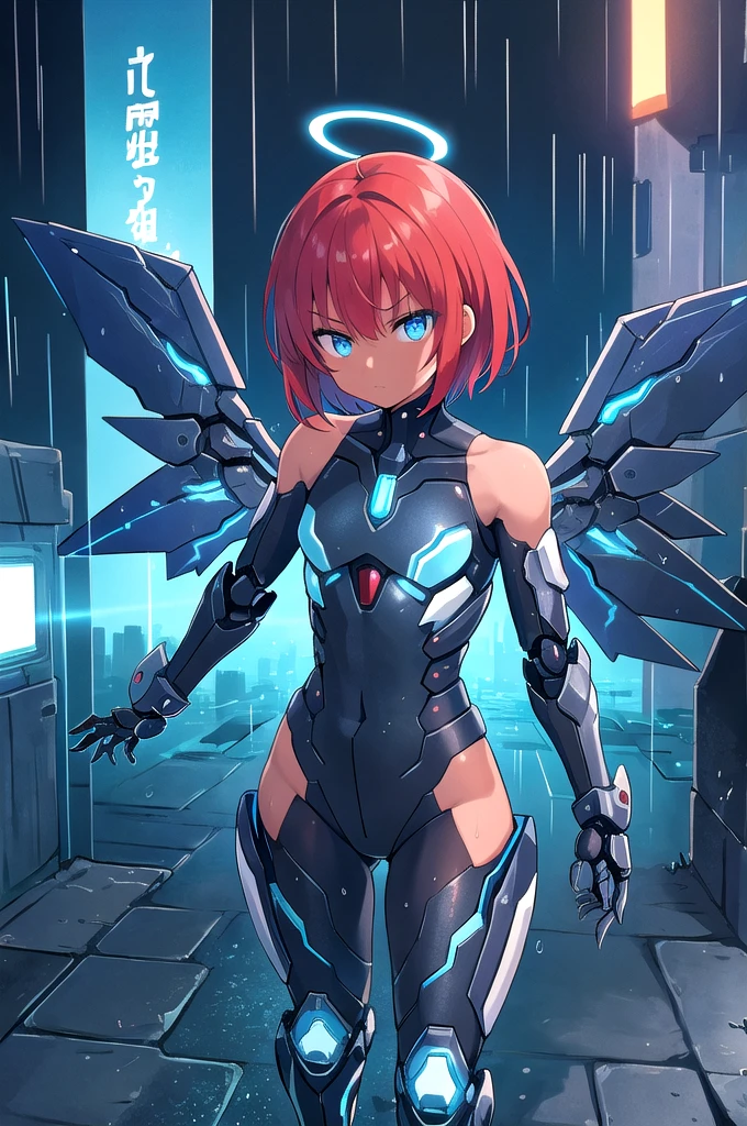 beautiful illustration, best quality, solo, cute girl, blue eyes, red hair, short hair, tan skin, (ahoge:1.1), flat chest, expressionless, cyberpunk city, night, dark, neon light, rtx, reflections, rain, jacket, black glossy metallic Bodysuit , looking at viewer, wet hair, wet clothes, half-closed eyes, glow, armored, cybernetic, robot, mecha, movie poster, fighting stance, blue energy, blue electricity, (coat:1.1), bare shoulders, exoskeleton, angry, energy halo, (mechanical wings:1.3), blue lightning, ruins, rubble, gauntlets
