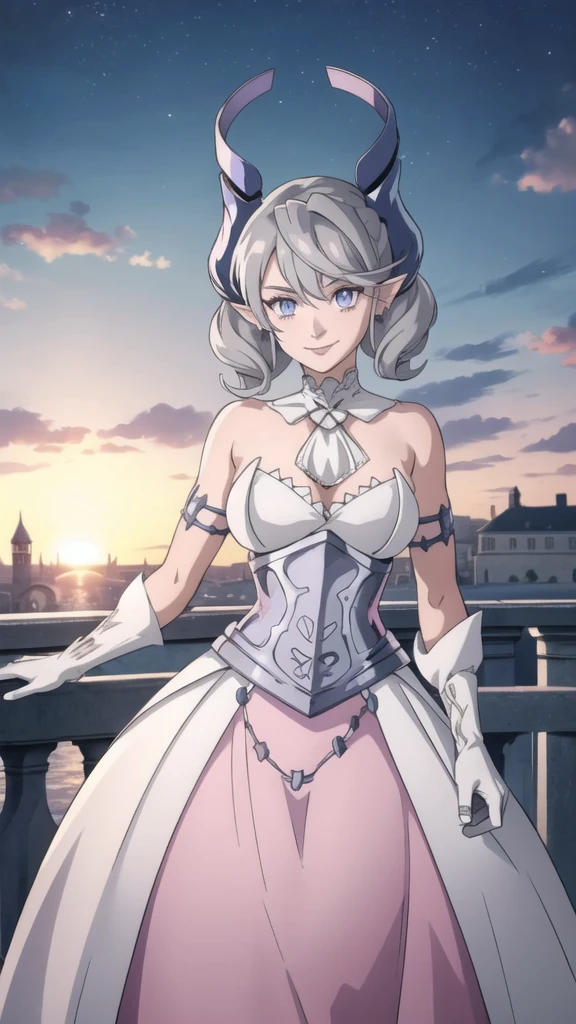 Beautiful arts wallpaper Sunset Outside castle top High level image quality best image quality 8K adult woman silver castle outside more colors whole body view portrait horn ears short hair((shortcut)(gray hair)(perm)(fluffy)) eye color is blue , , attractive evil face , smile , heroic stance , labrynth , barearm ,gloves , wearing pink , standing ,