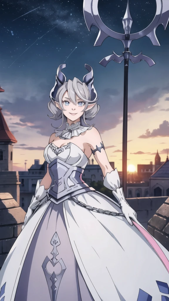 Beautiful arts wallpaper Sunset Outside castle top High level image quality best image quality 8K adult woman silver castle outside more colors whole body view portrait horn ears short hair((shortcut)(gray hair)(perm)(fluffy)) eye color is blue , , attractive evil face , smile , heroic stance , labrynth , barearm ,gloves , wearing pink , standing ,