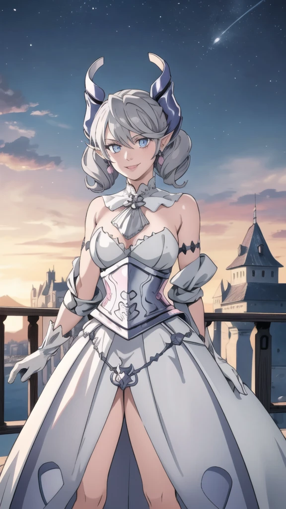 Beautiful arts wallpaper Sunset Outside castle top  High level image quality　best image quality　8K　 adult woman   silver castle outside  more colors   whole body view　portrait　    　horn    ears  　short hair（（shortcut）（gray hair）（perm）（fluffy））　eye color is blue ,  , 　attractive evil face , smile   ,  heroic stance   ,  labrynth ,  barearm  ,gloves   , wearing pink   , standing , 