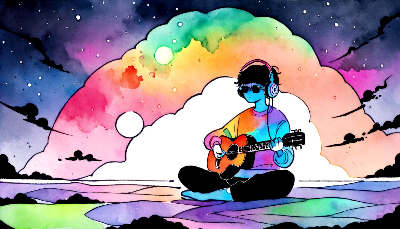 European hippie man meditating in room, dream on, Put on your headphones, nightlight,Play guitar, Neon landscape on a rainy day, Simulates a color theme, Lo-fi hip-hop , retrospective, Flat, 2.5 days ,Draw a line, ink and watercolor painting, Large slope, Watercolor painting, Gus color, In Studio Ghibli style, brilliant colorful, Outer tons, Krautrock, lofi art, 70s style,Old textures, amplitude,Psychedelic atmosphere, tmasterpiece, Technically sophisticated,