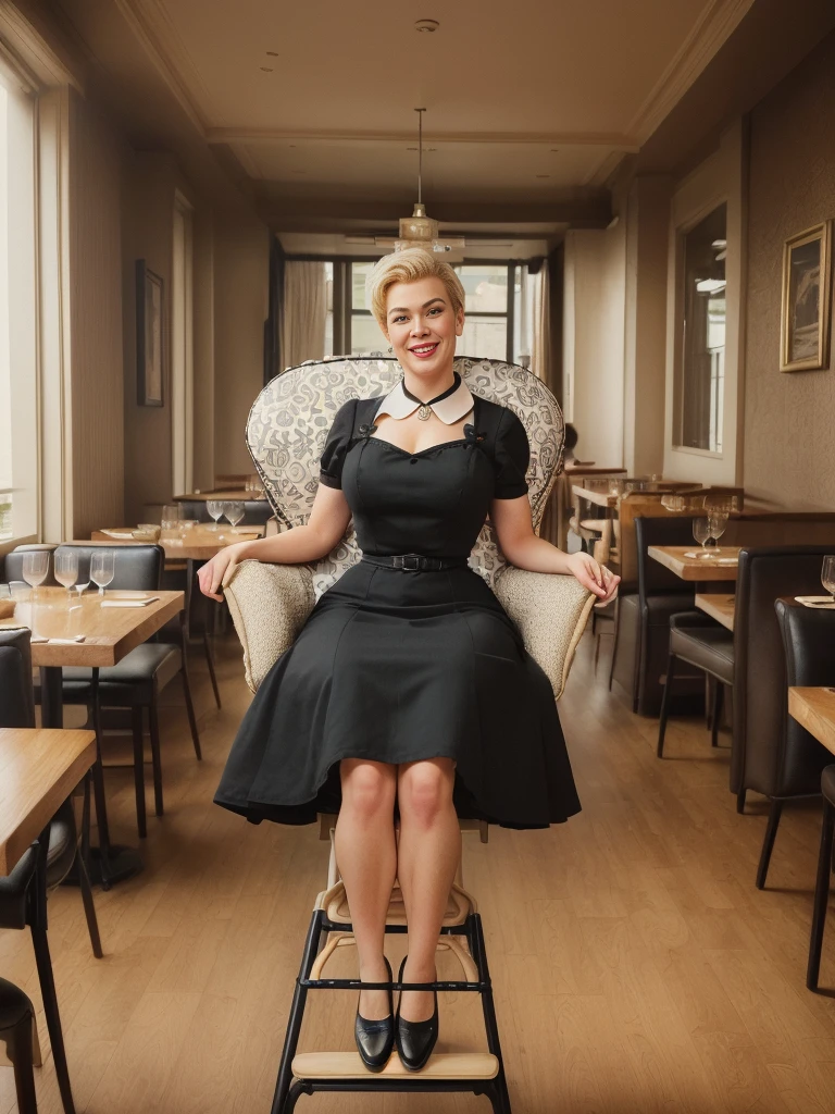 (doll-sized:1.5) amazing stunningly beautiful (50 year old hannah waddingham:1.5) (sitting in giant high chair:1.5), (high table:1.4), (busy restaurant:1.4), oversized plate of food, inside, 8k UHD, legs dangling, (fantastic long legs:1.4), grinning, (dressed in black 1950s housewife dress:1.4), (short BLONDE hair:1.5), (athletic build:1.4) ,