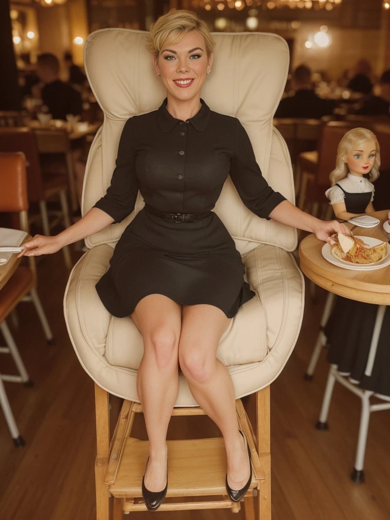 (doll-sized:1.5) amazing stunningly beautiful (50 year old hannah waddingham:1.5) (sitting in giant high chair:1.5), (high table:1.4), (busy restaurant:1.4), oversized plate of food, inside, 8k UHD, legs dangling, (fantastic long legs:1.4), grinning, (dressed in black 1950s housewife dress:1.4), (short BLONDE hair:1.5), (athletic build:1.4) ,