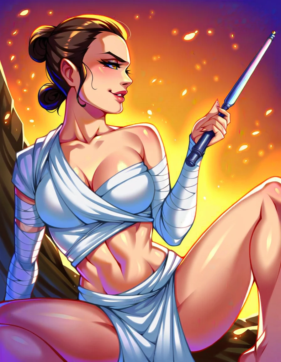 score_9, score_8_up, score_7_up, score_6_up, source_cartoon, Rey Skywalker, white tunic, sexy, midriff