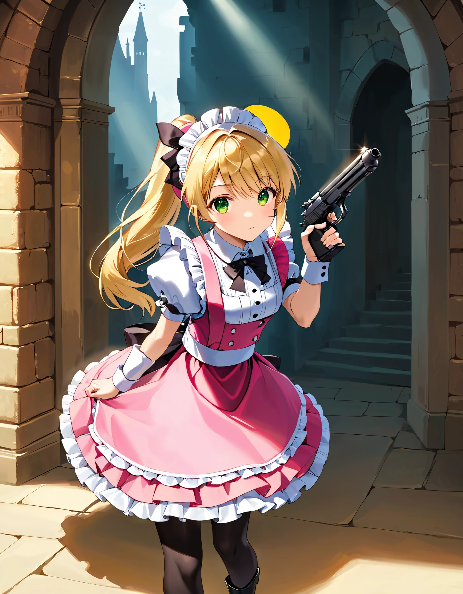 (best quality,4k,8k,highres,masterpiece:1.2),ultra-detailed, (1girl) A cute teenage gunslinger maid with green eyes, drawn in anime style, spiky light blonde hair in a long ponytail, victorian fashion, wearing a cute white maid dress with puffy sleeves, corset, tactical gear, light armour, petticoat, bloomers, black pantyhose, black tights, a frilly headband, a frilly pink apron, high-heel boots, ribbons, (lora:perfect hands:1, complete fingers, wielding a gun with one hand, Beretta 92FS), steampunk style, guarding a castle hallway, extremely detailed eyes and face,longeyelashes,volumetric lighting,cinematic lighting,protective posture,dramatic close up,highly detailed texture,intricate details.
