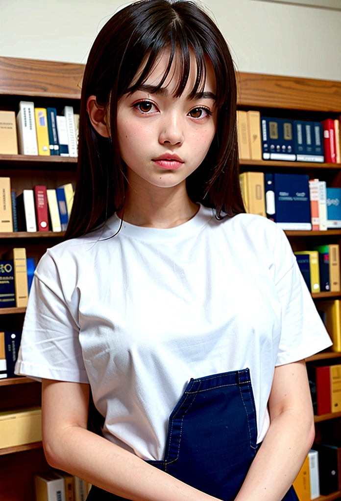 masterpiece, Highest quality, One Girl, (Beautiful girl, Delicate girl:1.3), (16 years old:1.3), Very fine grain definition, (Symmetrical eyes:1.3), (bookstore:1.2), (White shirt, Navy blue apron:1.3), Small breasts, Brown eyes, Parted bangs, Brown Hair, Petit Girl, (Eye and facial details:1.0), Face close-up, Zoom in on face, Face Focus