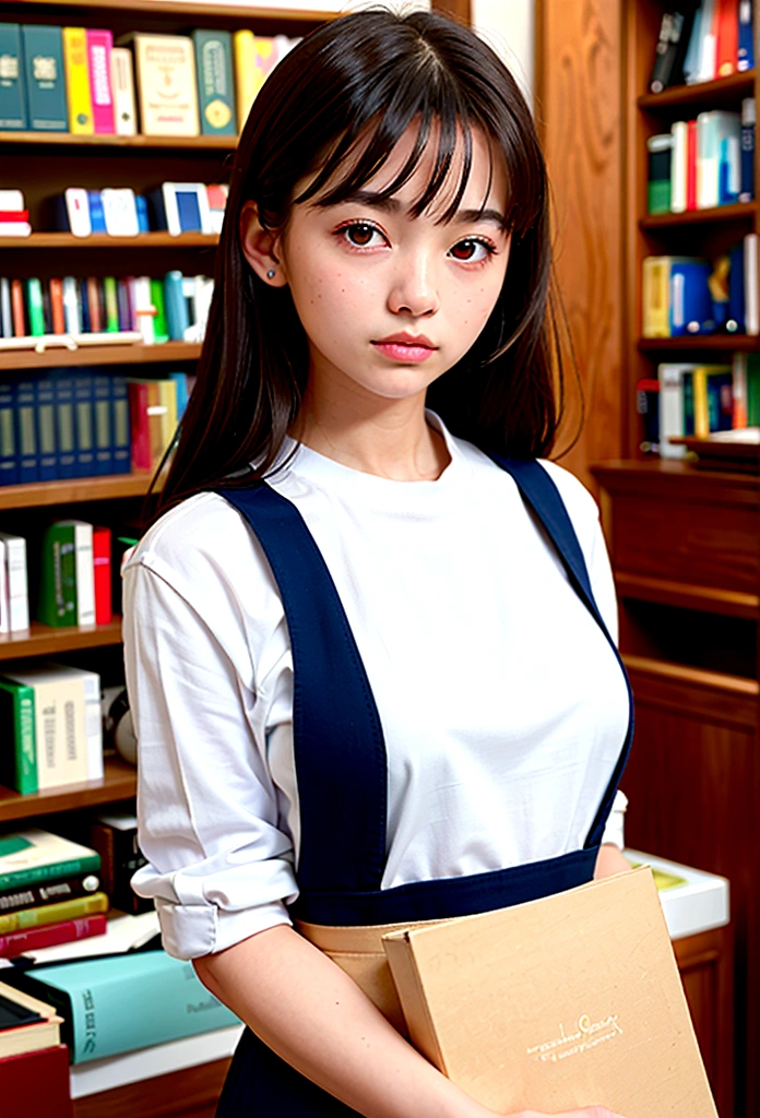 masterpiece, Highest quality, One Girl, (Beautiful girl, Delicate girl:1.3), (16 years old:1.3), Very fine grain definition, (Symmetrical eyes:1.3), (bookstore:1.2), (White shirt, Navy blue apron:1.3), Small breasts, Brown eyes, Parted bangs, Brown Hair, Petit Girl, (Eye and facial details:1.0), Face close-up, Zoom in on face, Face Focus