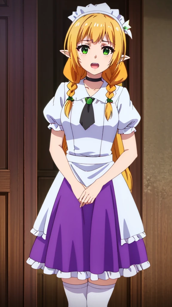 masterpiece, best quality, highres, purple dress, frills, long hair, blonde hair, black choker, green eyes, headdress, elf ears, apron, white thighhighs, green coat, green hat, orange hair, twin braids, purple skirt, brown eyes, purple tie, happy, open mouth, cowboy shot, Forrest