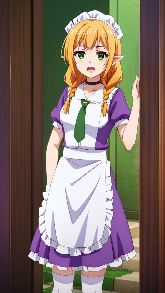 masterpiece, best quality, highres, purple dress, frills, long hair, blonde hair, black choker, green eyes, headdress, elf ears, apron, white thighhighs, green coat, green hat, orange hair, twin braids, purple skirt, brown eyes, purple tie, happy, open mouth, cowboy shot, Forrest