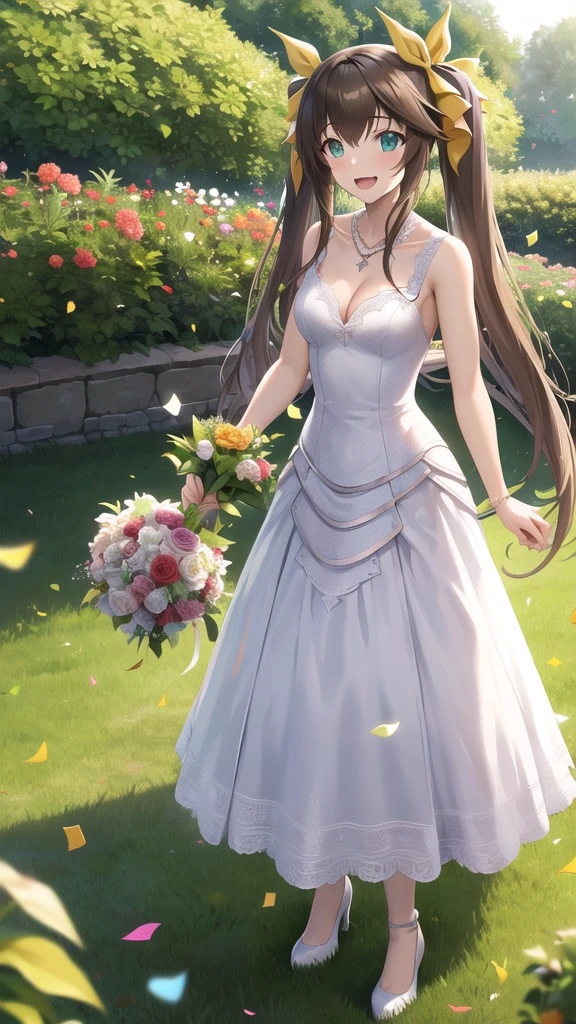 masterpiece, best quality, highres, aahuang, long hair, twintails, hair ribbon, small breasts, wedding dress, cleavage, necklace, white dress, garden, standing, holding bouquet, open mouth, smile, confetti,