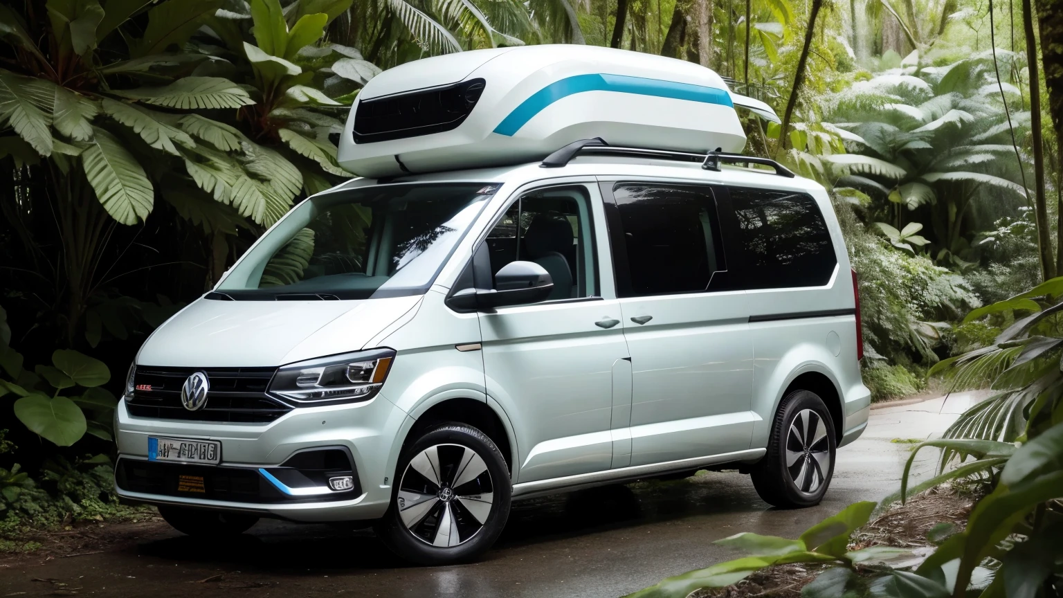 volkswagen futuristic eletric van in a rainforest