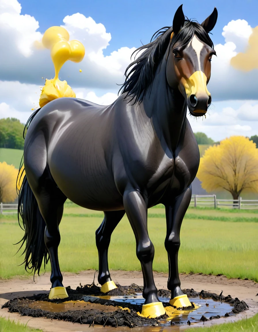 3/4  full rear view (visible bum, anus, legs, hooves, body, head) of a large (black:4)  shire horse mare.  squirting huge volume of  yellowish (urine:5} from anus, (flooding:1.9) the ground under horse. 5 very large piles of (horse manure:3) a around horse. standing on grass in an open meadow. horse anus  jetting ((clouds)) of yellow gas. anatomically correct.
