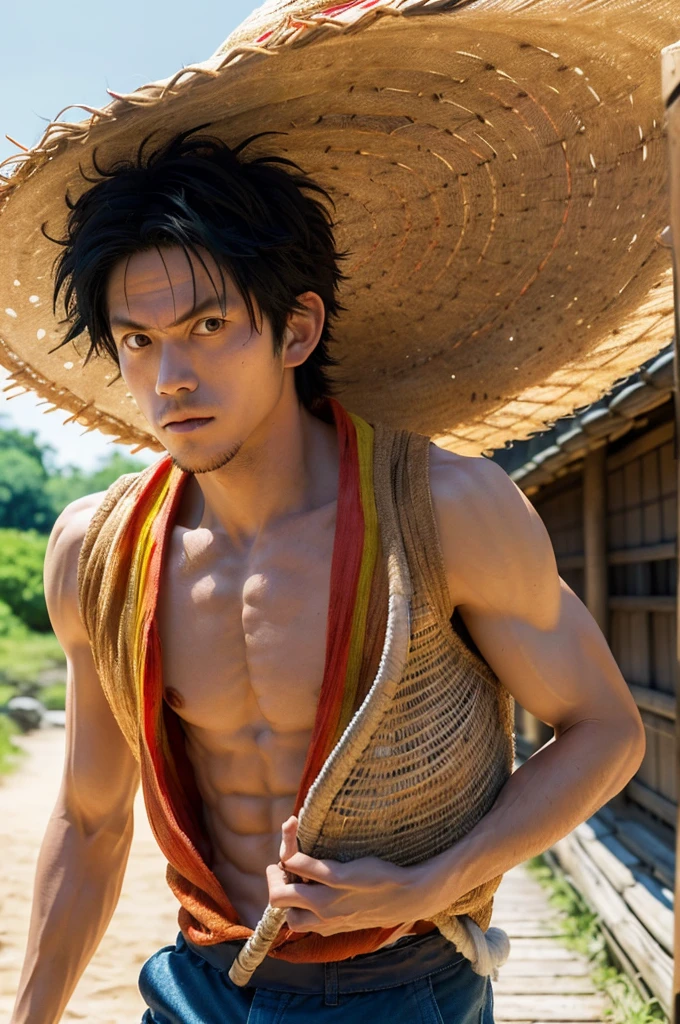 Illustration of 1boy, Japanese style, Monkey D. Luffy, angry look, ((Japanese cartoons)), straw hat, ((rich and colorful)), 8K, ((masterpiece)), high dynamic range, Very detailed, professional