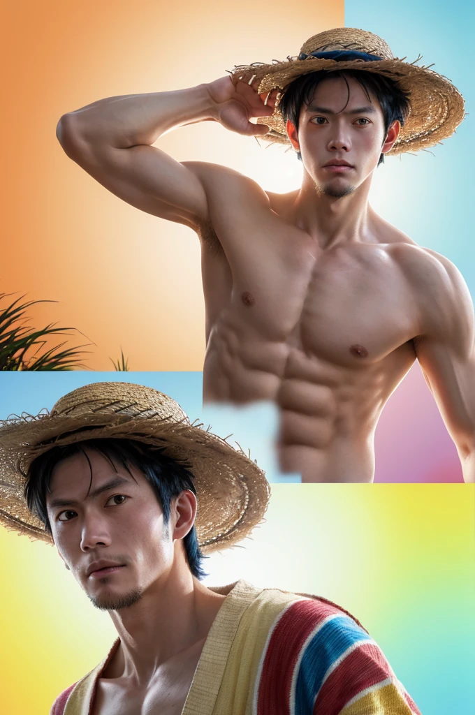 Illustration of 1boy, Japanese style, Monkey D. Luffy, angry look, ((Japanese cartoons)), straw hat, ((rich and colorful)), 8K, ((masterpiece)), high dynamic range, Very detailed, professional