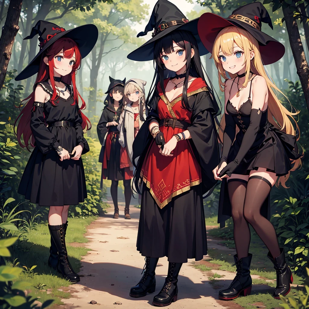 a group of beautiful witch girls in the middle of a forest in the night, tribal tattoo ,multiple girls, five girls, red and black hair , standing girl young girl, gloves, elbow pads, boots, smiles, witch hat , small breasts, long black dress, necklaces, jewelry decorations , black red hair , red hair , black hair , blonde hair, blue eyes, full body,